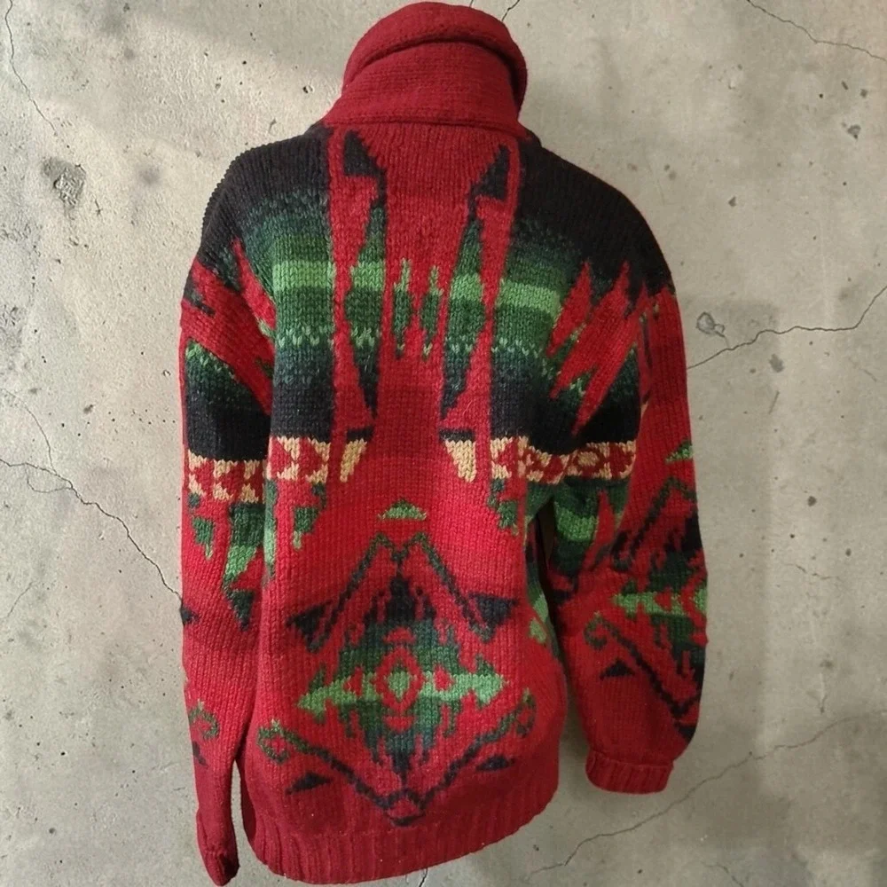 Vintage Polo Ralph Lauren Wool Hand Knit Southwestern Aztec Shawl Sweater M